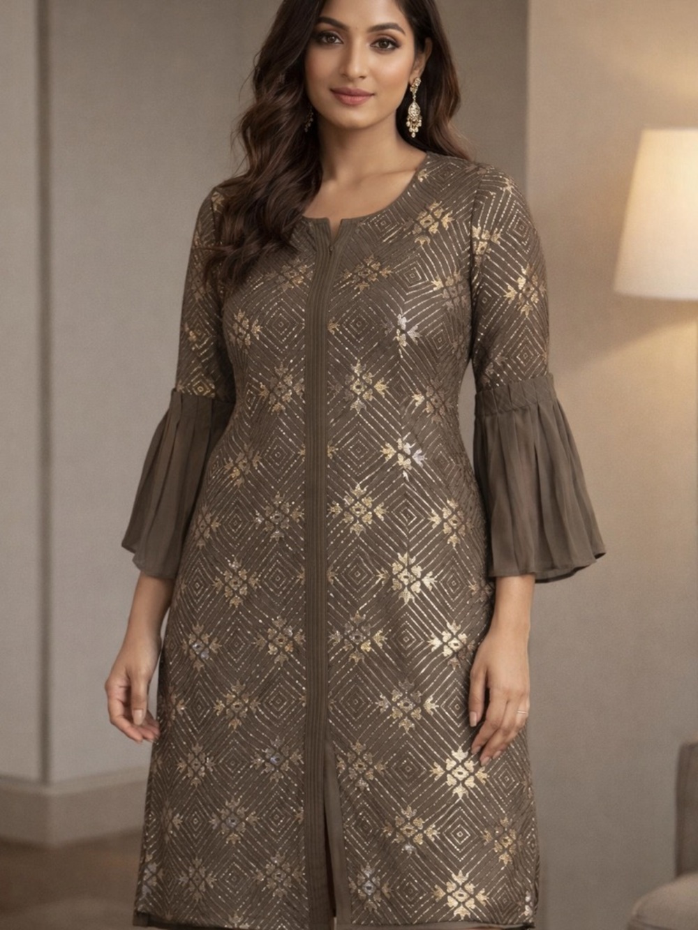 Helina- Indian Ethnic Embroidered brown Gold Long Tunic w/ Pleated Bell Sleeveso